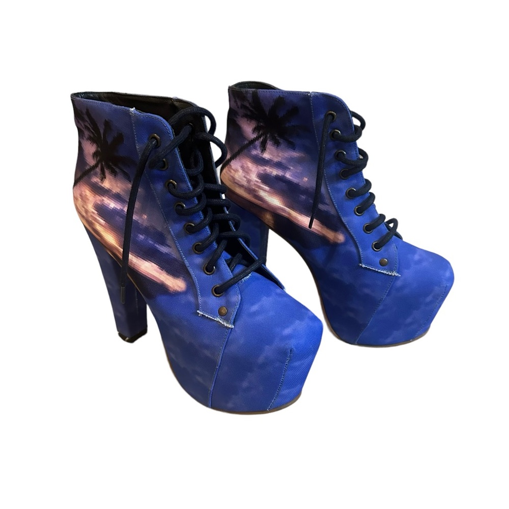 Jeffery Campbell Chunky Boots Heels with Sunset Palm Tree Size 39 EU